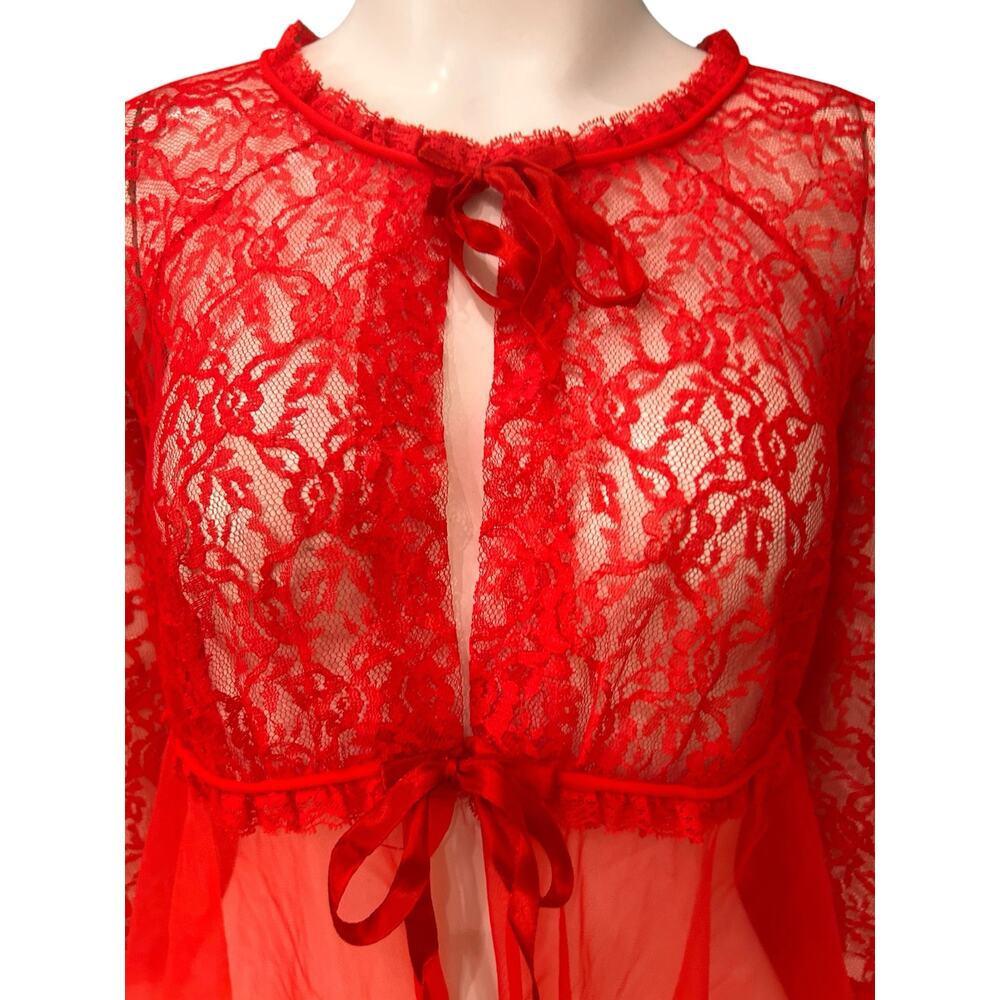Vintage 60s Red Sheer Lace Babydoll Lingerie Peignoir Robe Small Nylon - - Picture 3 of 8